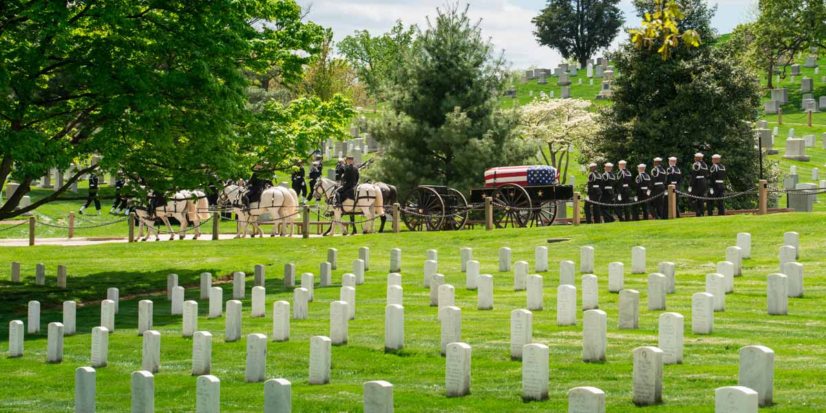 Rows of gravestones and funeral Service for a Fallen Soldier at Arlington Cemetery showing horsed pulling a carriage that carries a casket covered with a US flag