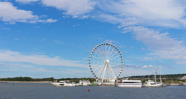 National Harbor featuring boats and ferris wheel