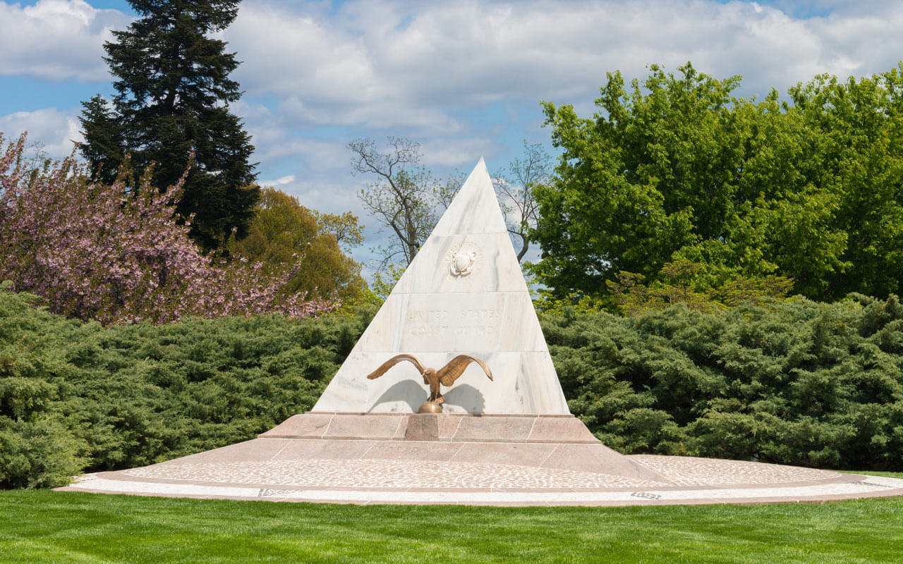 US Coast Guard Memorial shaped like a pyramid with an eagle on the front