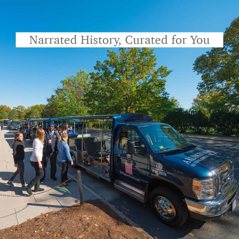 Arlington Tours guests boarding vehicle and the words Narrated History, Curated for You