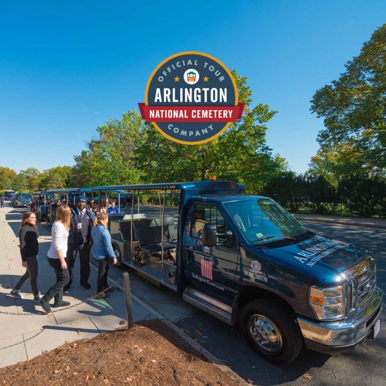 Arlington Tours guests boarding vehicle and official tour company seal